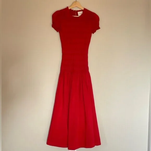 NEW Reformation Kiria Midi Drop Waist Short Sleeve Dress Lipstick Red | size 0 - Picture 6 of 14